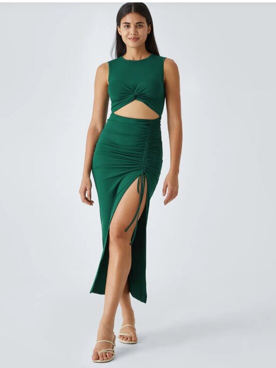HALARA Dresses & Skirts - Halara Cut Out Ruched Drawstring Bodycon Maxi Dress Green Size M